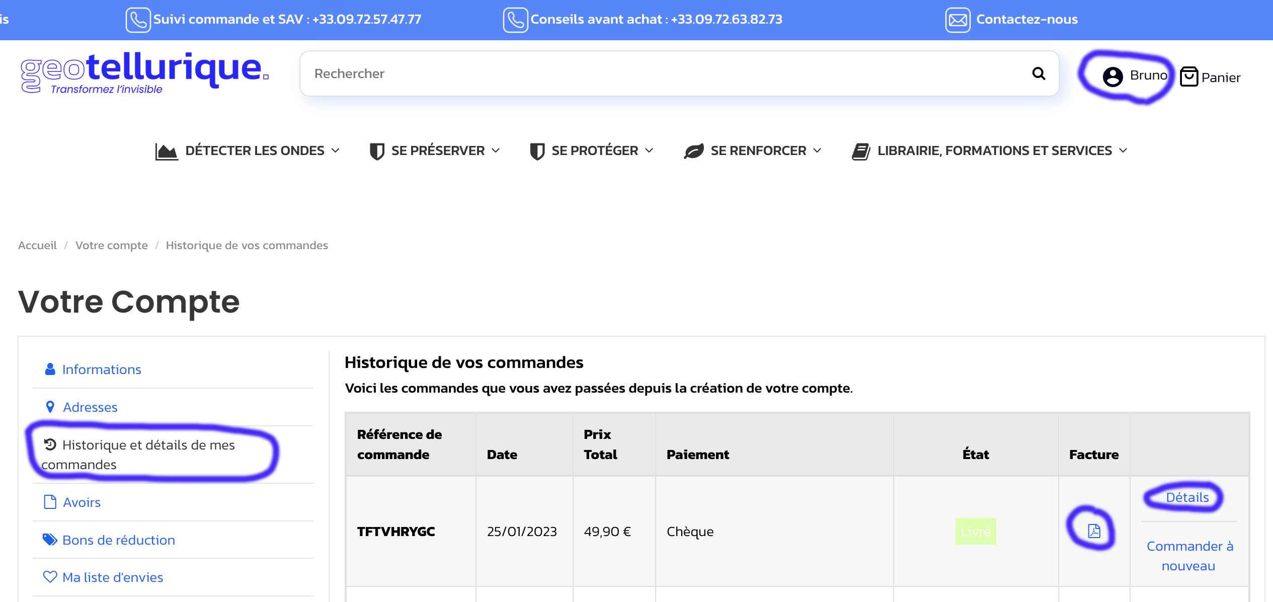 Fenêtre histrique commandes Geotellurique.fr